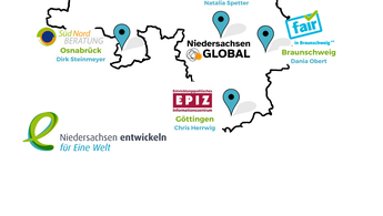 Eine gezeichnete Karte von Niedersachsen, auf der die Orte, Logos und Namen der Promotor*innen angegeben sind