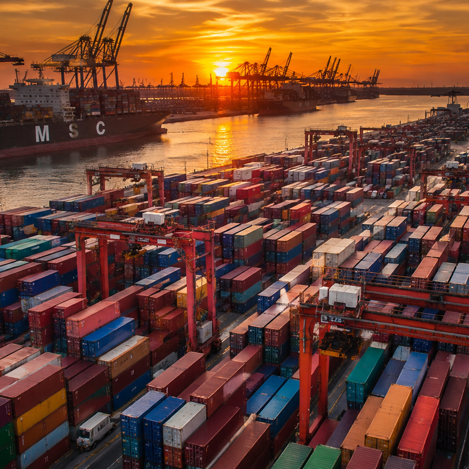 Ein Containerhafen bei Sonnenuntergang mit zahlreichen gestapelten Schiffscontainern, Verladekränen und einem Frachtschiff. Das Bild verdeutlicht die Bedeutung globaler Lieferketten, des internationalen Handels
