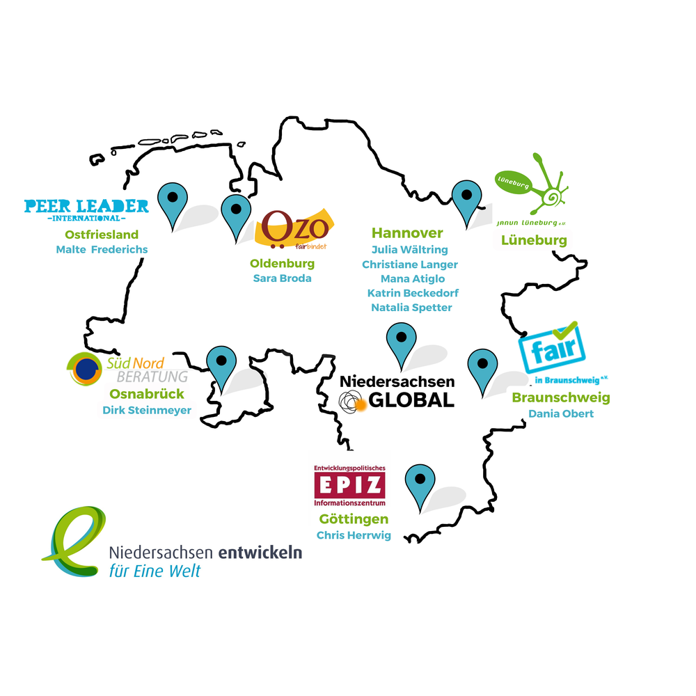 Eine gezeichnete Karte von Niedersachsen, auf der die Orte, Logos und Namen der Promotor*innen angegeben sind