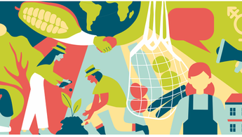 Bunte Illustration zum Thema Fairer Handel. Zu sehen sind sich umarmende Menschen, Kakaopflanzen, eine Einkaufstasche, eine Weltkugel, ein Schulgebäude, Personen, die eine Pflanze einpflanzen, ein Transgendersymbol, Blumen, ein Megafon und mehr.