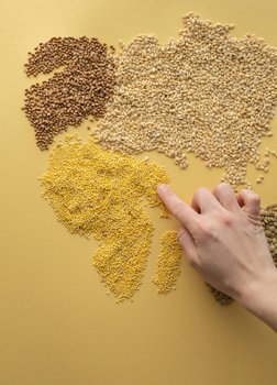 eine Weltkarte gelegt aus verschiedenen Samen, eine Hand zeigt auf Ostafrika