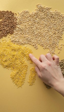 eine Weltkarte gelegt aus verschiedenen Samen, eine Hand zeigt auf Ostafrika